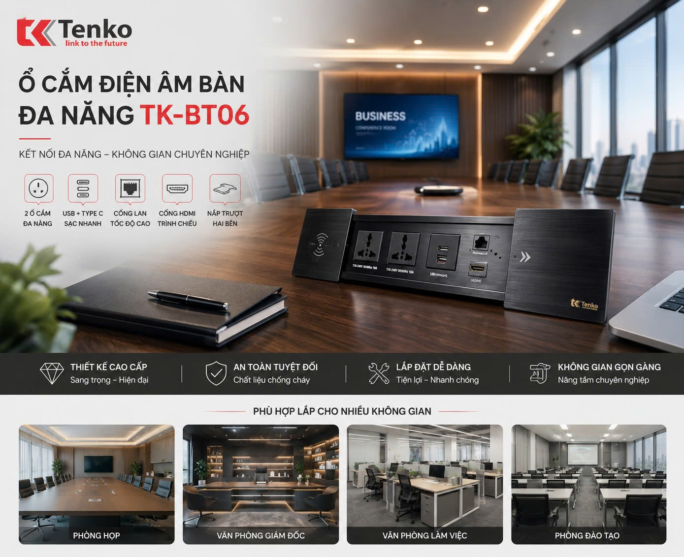 Ổ Cắm Điện Âm Bàn Tenko TK-BT06 Nắp Trượt Hai Bên