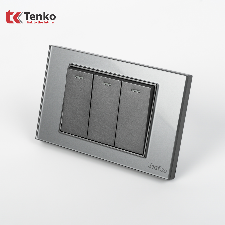 Công Tắc 3 Nút Mặt Kính Cường Lực C18-03 Xám
