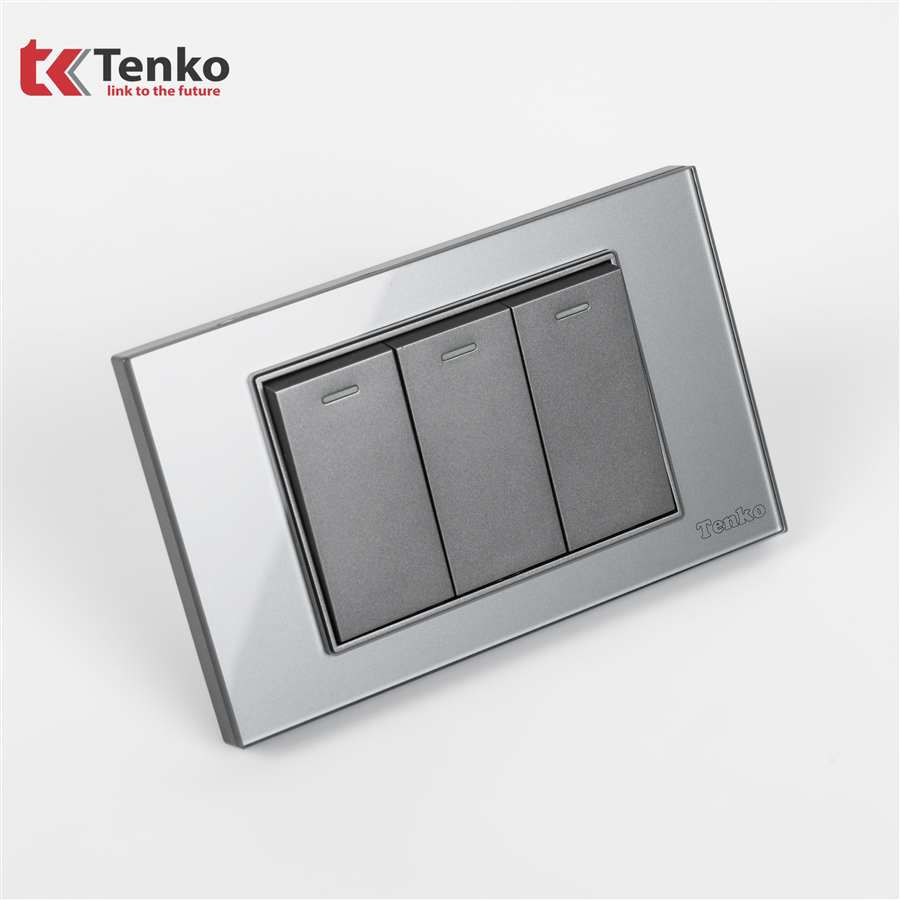 Công Tắc 3 Nút Mặt Kính Cường Lực C18-03 Xám