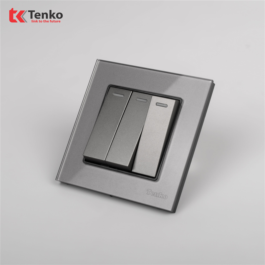 Công Tắc 3 Nút Mặt Kính Cường Lực TK-F71D-03 Xám