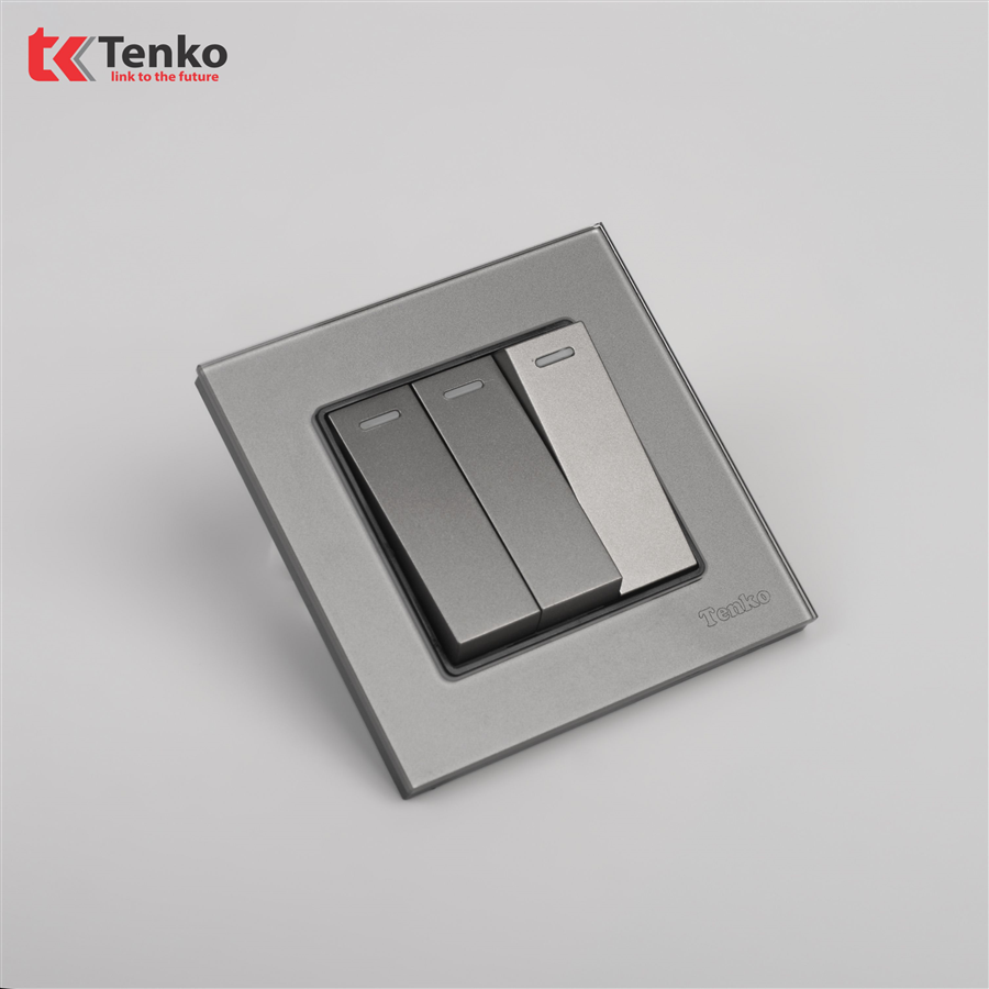Công Tắc 3 Nút Mặt Kính Cường Lực TK-F71D-03 Xám