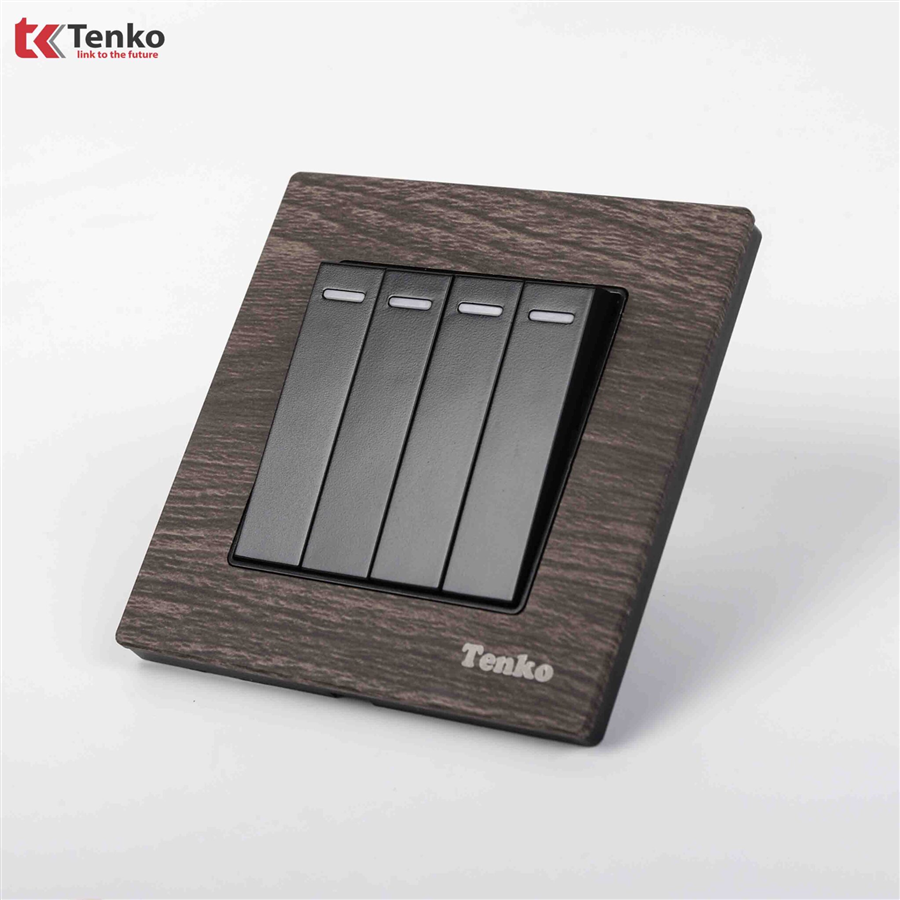 Công Tắc 4 Nút Mặt Vuông Vân Gỗ Tenko TK-F71A-04