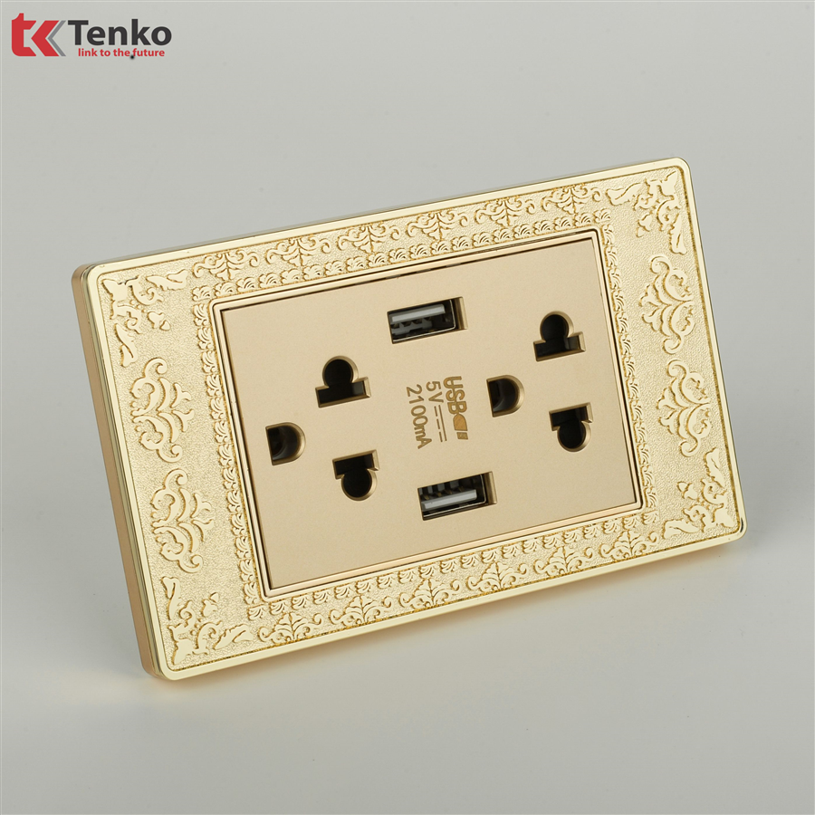 Ổ Cắm 3 Chấu+Sạc USB Mặt Hoa Văn Đồng TK-C8-045USB