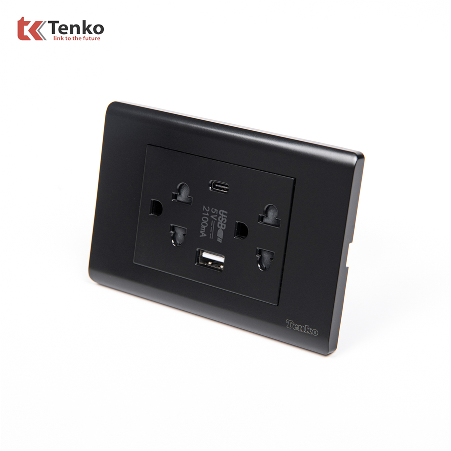 Ổ Cắm 3 Chấu,USB,Type C, C25-045 Mặt Nhựa PC Đen