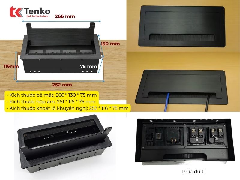 Ổ Cắm Âm Bàn Hợp Kim Nhôm Tenko TK-D4S-02 Đen