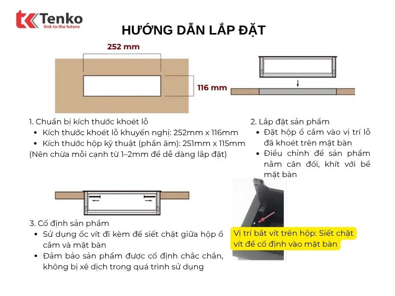 Ổ Cắm Âm Bàn Hợp Kim Nhôm Tenko TK-D4S-03 Đen