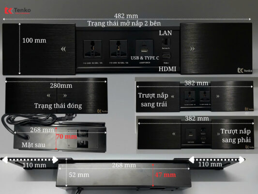 Ổ Cắm Điện Âm Bàn Đa Năng Tenko TK-BT06 Nắp Trượt