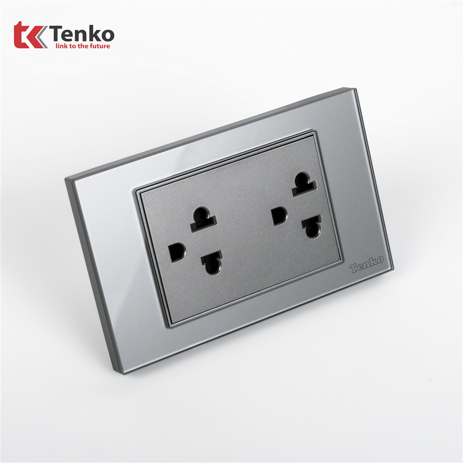 Ổ Cắm Đôi 3 Chấu Mặt Kính Cường Lực C18-044 Xám