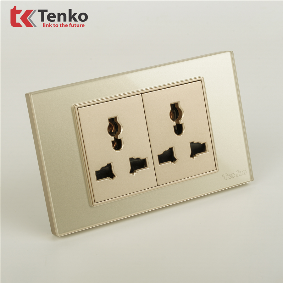 Ổ Cắm Đôi 3 Chấu Mặt Kính Cường Lực C18-050 Vàng