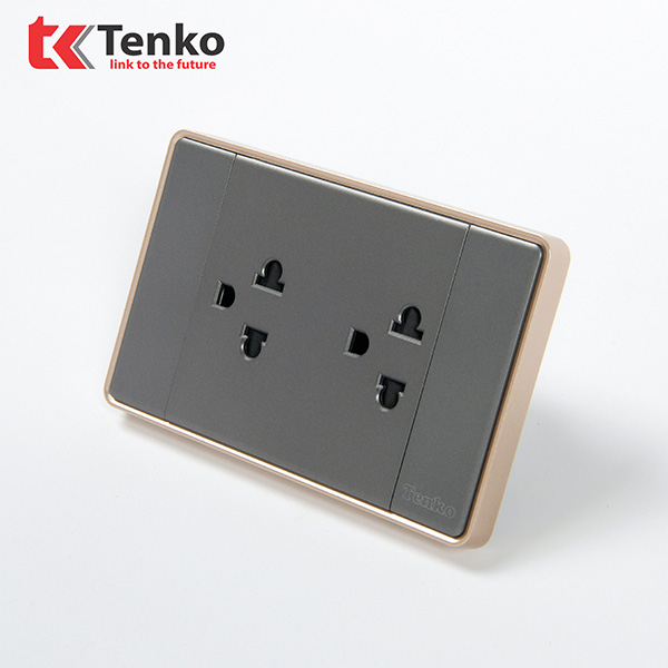 Ổ Cắm Đôi 3 Chấu Tràn Viền C1-044 Xám Viền Vàng