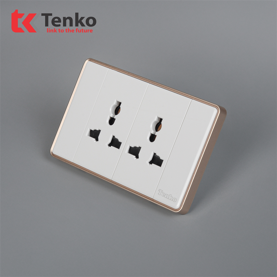 Ổ Cắm Đôi 3 Chấu Tràn Viền C1-050 Trắng Viền Vàng