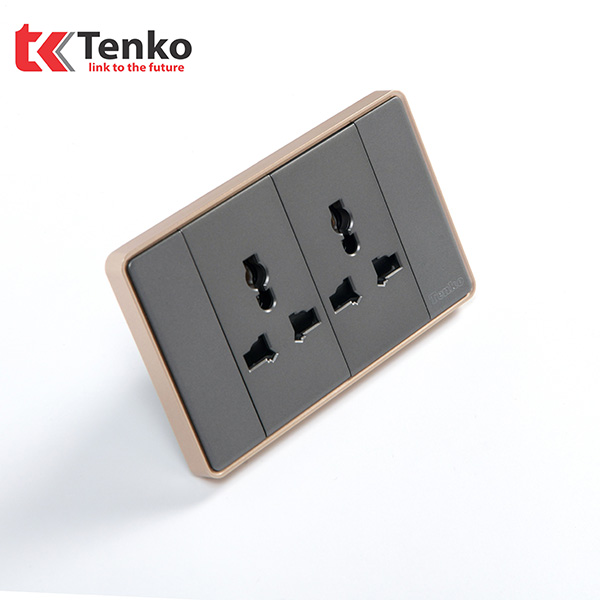 Ổ Cắm Đôi 3 Chấu Tràn Viền C1-050 Xám Viền Vàng