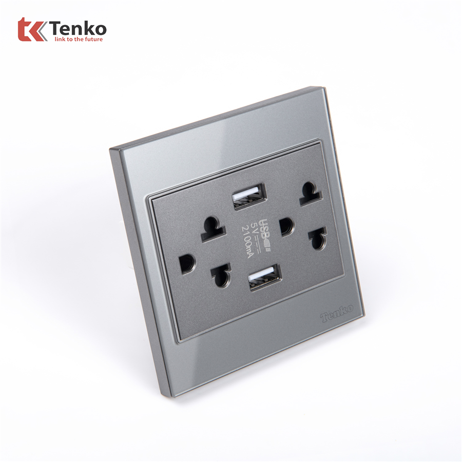 Ổ Cắm Đôi 3 Chấu + USB Kính Cường Lực TK-V18-046