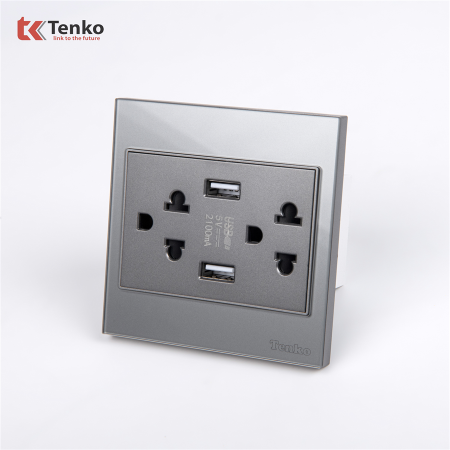 Ổ Cắm Đôi 3 Chấu + USB Kính Cường Lực TK-V18-046