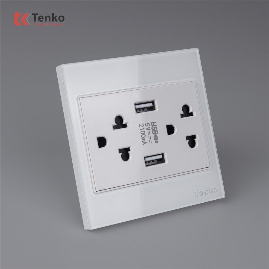 Ổ Cắm Đôi 3 Chấu + USB Kính Cường Lực TK-V18-046