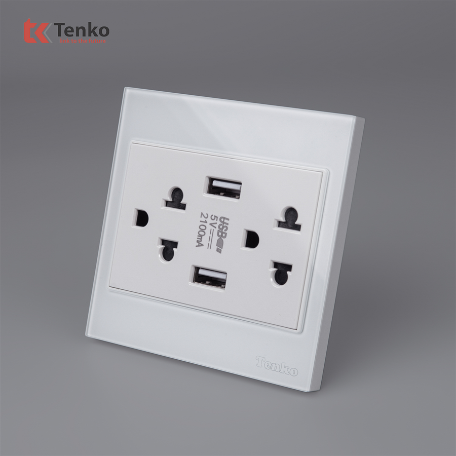 Ổ Cắm Đôi 3 Chấu + USB Kính Cường Lực TK-V18-046
