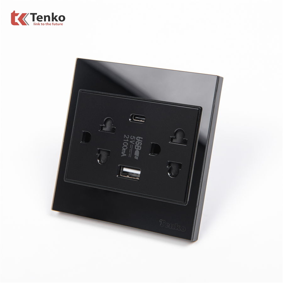 Ổ Cắm Đôi 3 Chấu + USB + Type C TK-V18-045 Đen