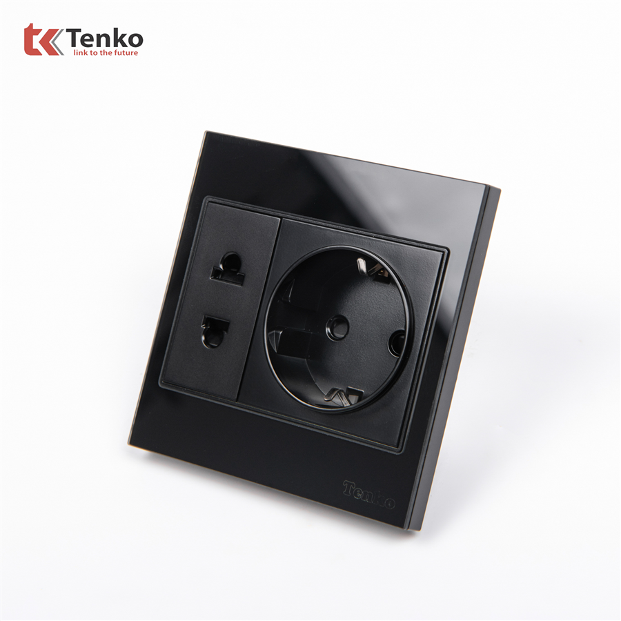 Ổ Cắm Schuko Chuẩn Đức Mặt Kính TK-V18-059 Đen