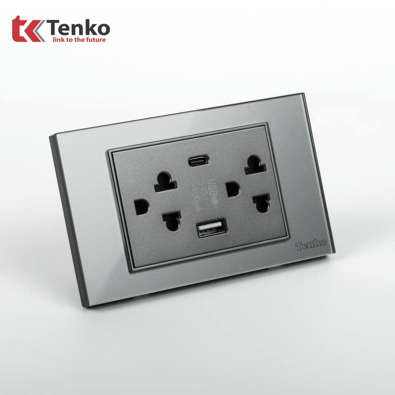 Ổ Cắm USB,Type C Mặt Kính Cường Lực C18-045 Xám