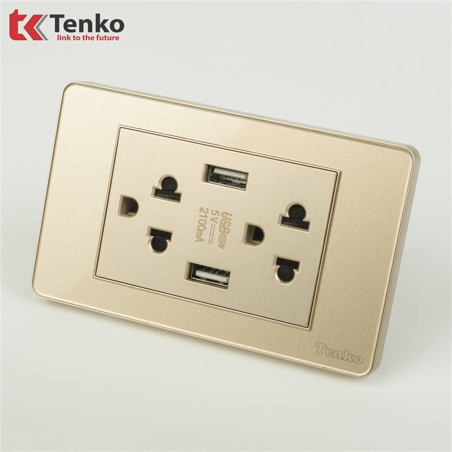 Ổ Cắm USB,TypeC Mặt Nhựa Phủ Bóng Kính C9-045 Vàng