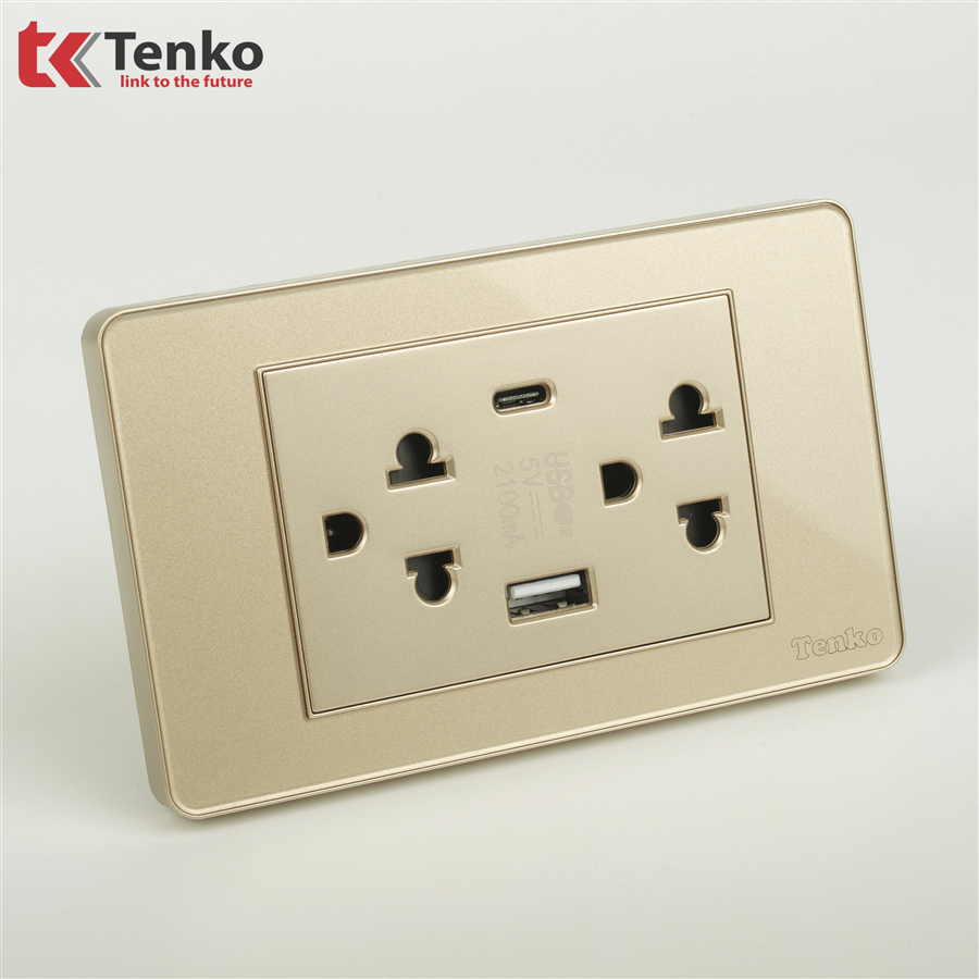 Ổ Cắm USB,TypeC Mặt Nhựa Phủ Bóng Kính C9-045 Vàng