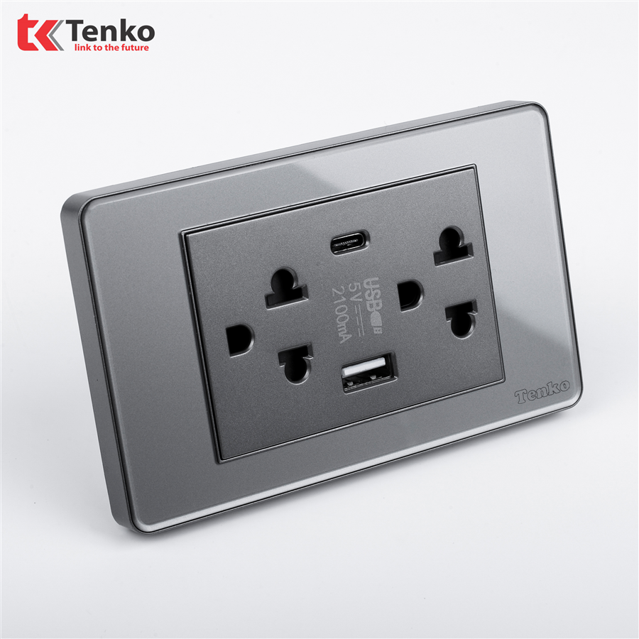 Ổ Cắm USB,TypeC Mặt Nhựa Phủ Bóng Kính C9-045 Xám