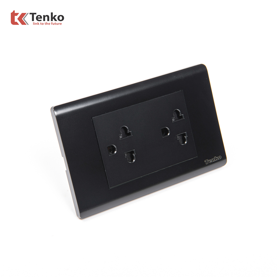 Ổ Điện Đôi 3 Chấu Mặt Nhựa PC TENKO TK-C25-044 Đen