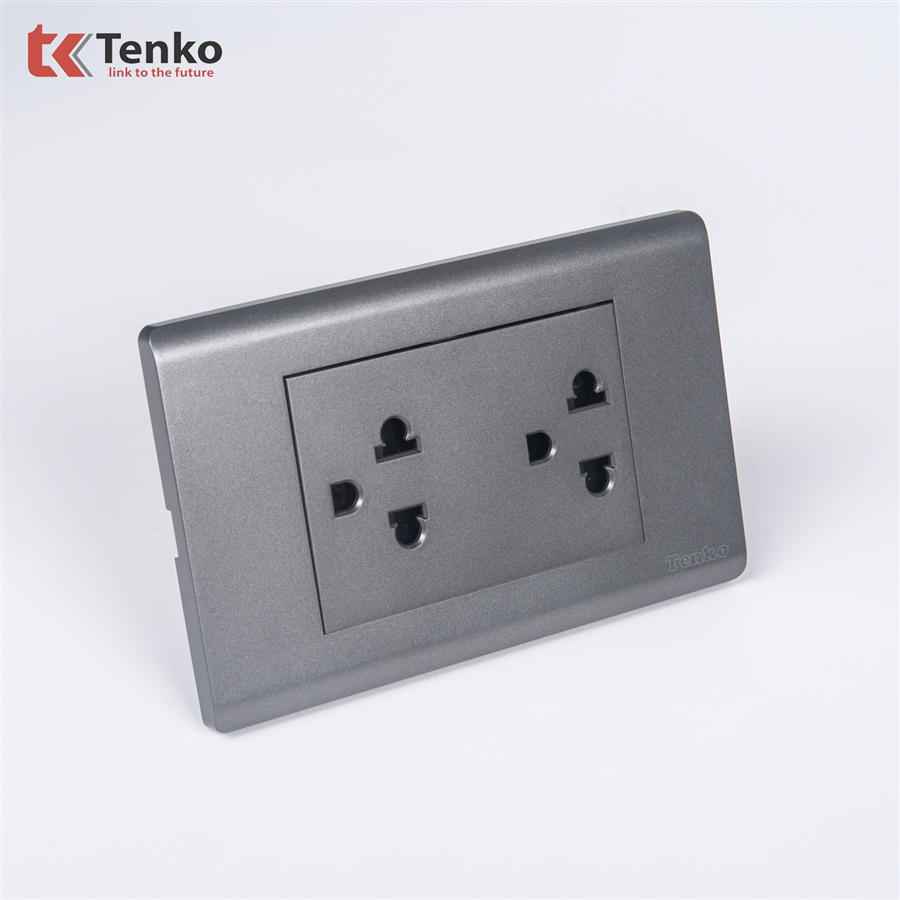 Ổ Điện Đôi 3 Chấu Mặt Nhựa PC Xám TENKO TK-C25-04