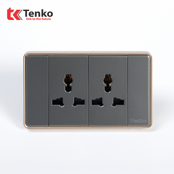 Ổ Cắm Đôi 3 Chấu Tràn Viền C1-050 Xám Viền Vàng
