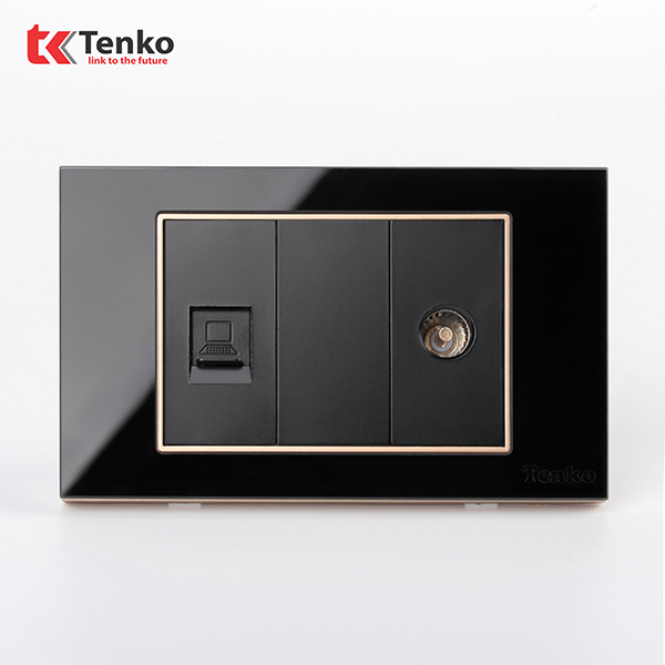 Ổ Cắm TV, LAN Mặt Kính Cường Lực C18B-075Viền Vàng