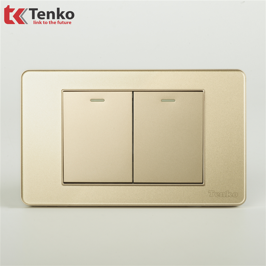 Công Tắc 2 Nút Mặt Nhựa Phủ Bóng Kính C9-02 Vàng