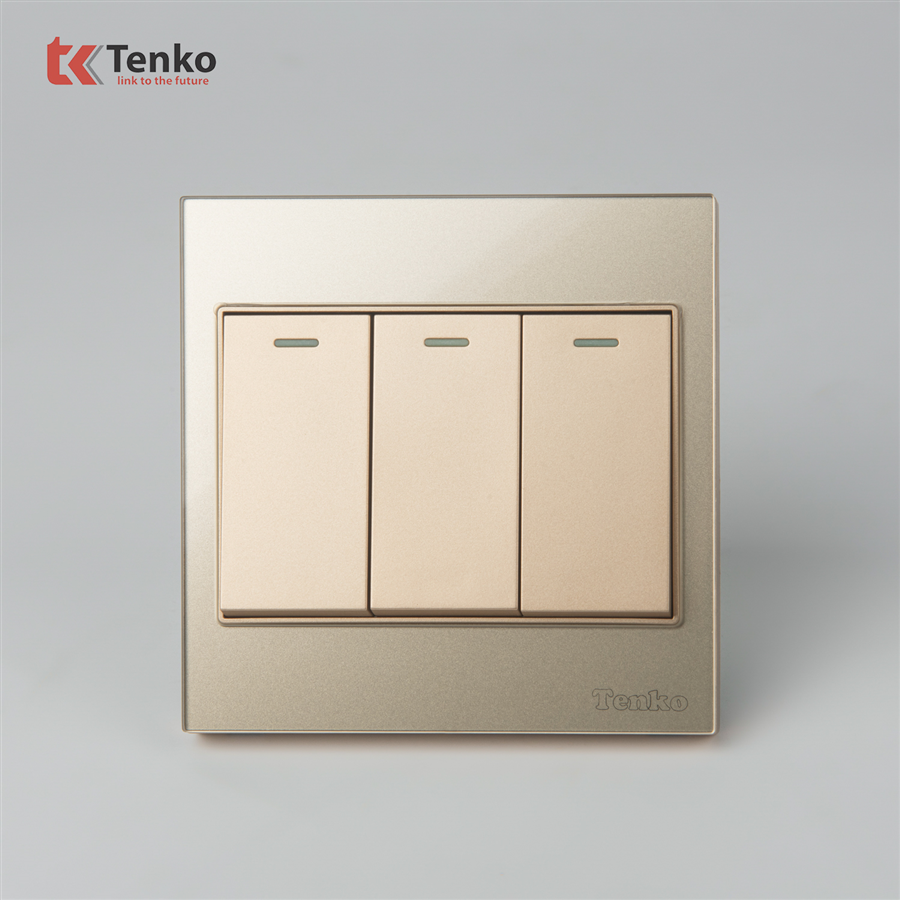 Công Tắc 3 Nút Mặt Kính Cường Lực TK-V18-03 Vàng