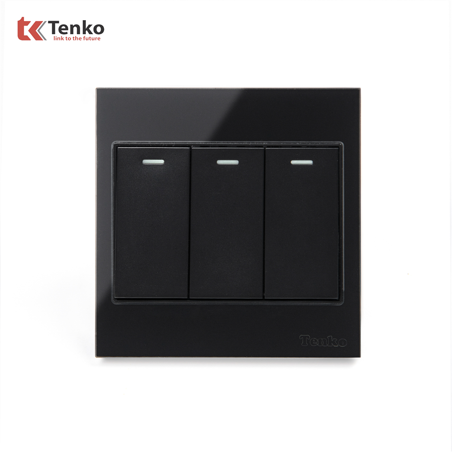 Công Tắc 3 Nút Mặt Kính Cường Lực TK-V18-03 Đen