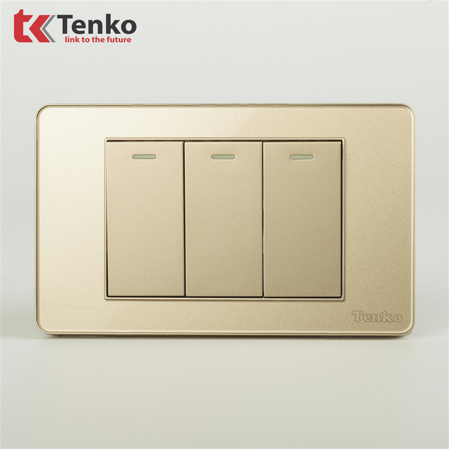 Công Tắc 3 Nút Mặt Nhựa Phủ Bóng Kính C9-03 Vàng