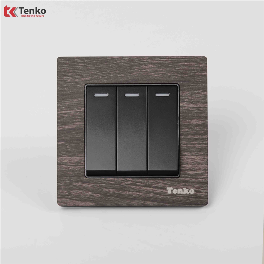 Công Tắc 3 Nút Mặt Vuông Vân Gỗ Tenko TK-F71A-03