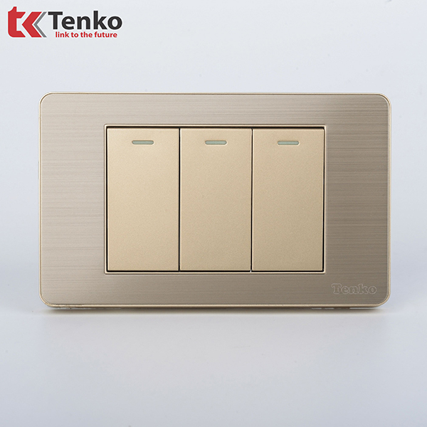 Công Tắc 3 Nút Màu Vàng Mặt Hợp Kim TK-C7G-03