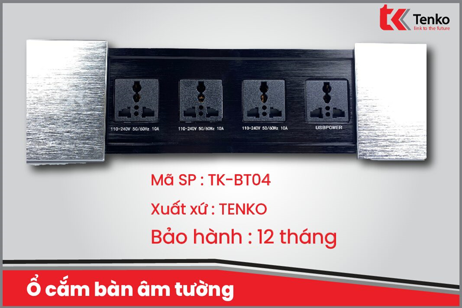Hộp ổ điện âm bàn Tenko TK-BT04 nắp trượt màu bạc