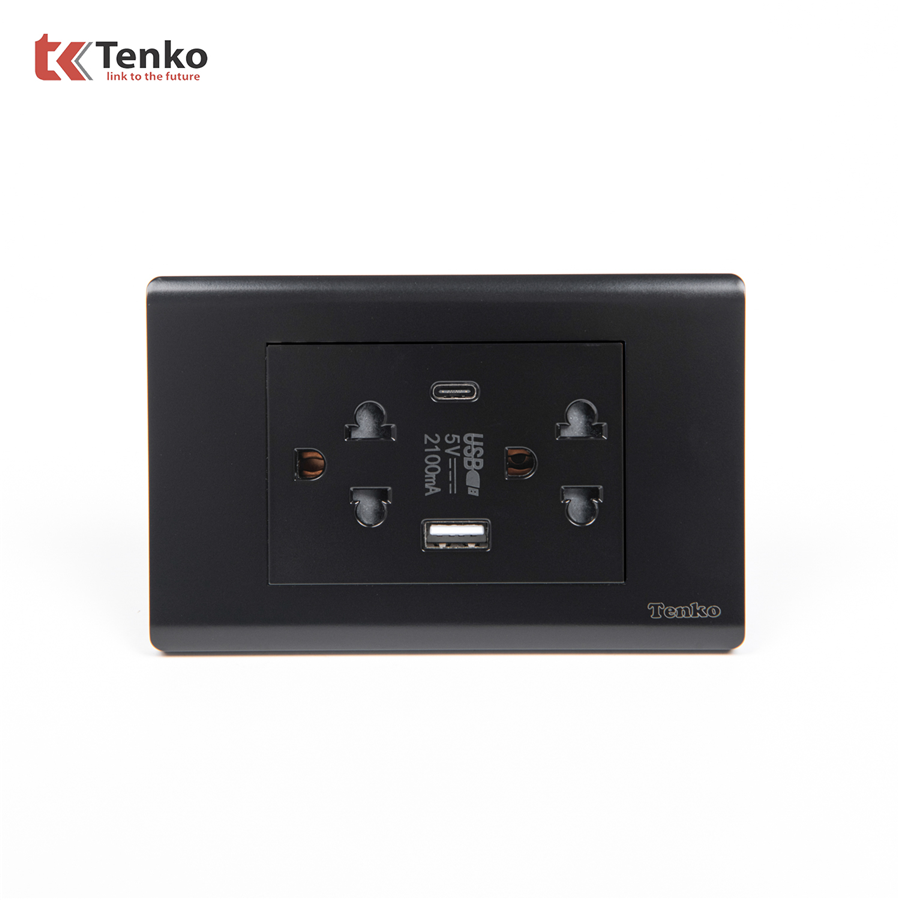 Ổ Cắm 3 Chấu,USB,Type C, C25-045 Mặt Nhựa PC Đen
