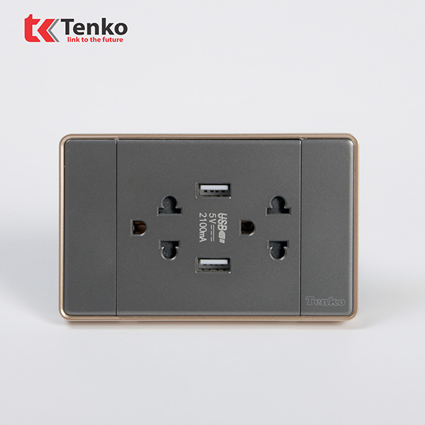 Ổ Cắm có cổng USB Tràn Viền C1-045 Xám Viền Vàng