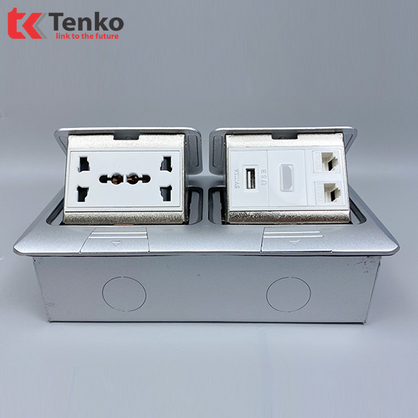 Ổ Cắm Điện Đôi 3 Chấu Âm Sàn Kèm LAN TK-J04-08 Bạc
