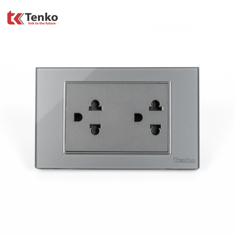 Ổ Cắm Đôi 3 Chấu Mặt Kính Cường Lực C18-044 Xám