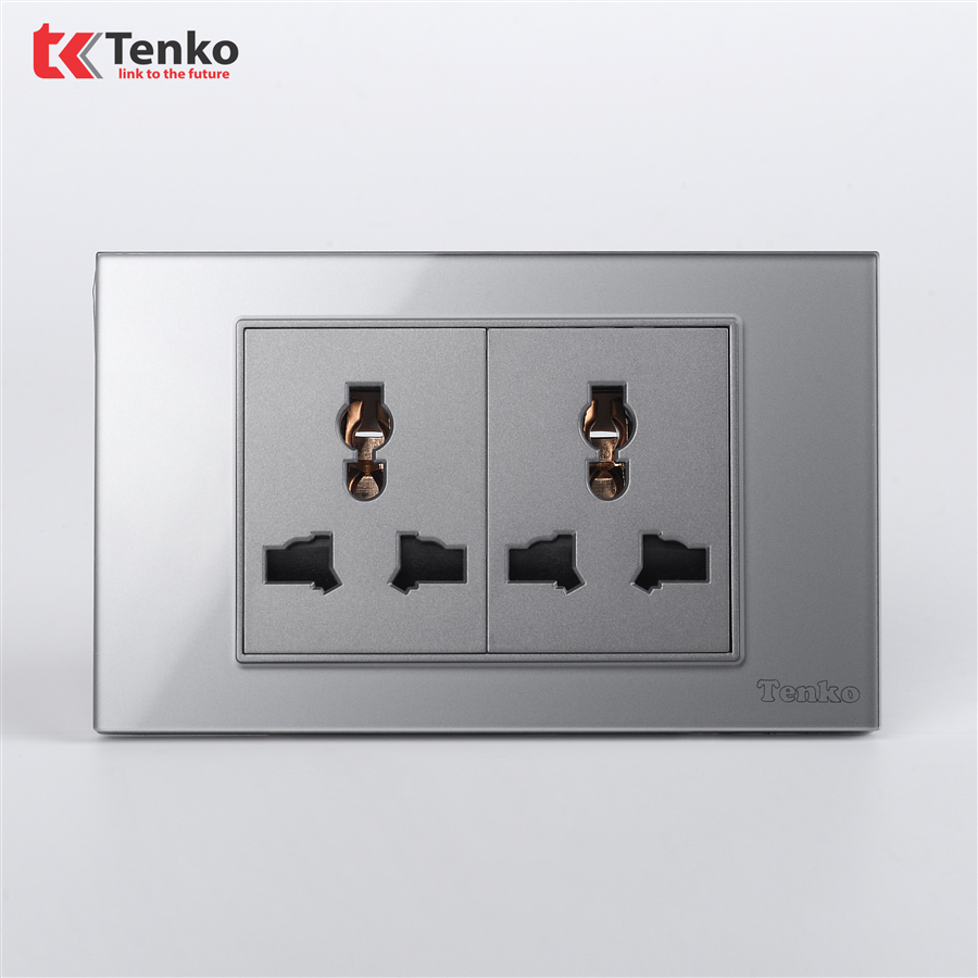 Ổ Cắm Đôi 3 Chấu Mặt Kính Cường Lực C18-050 Xám