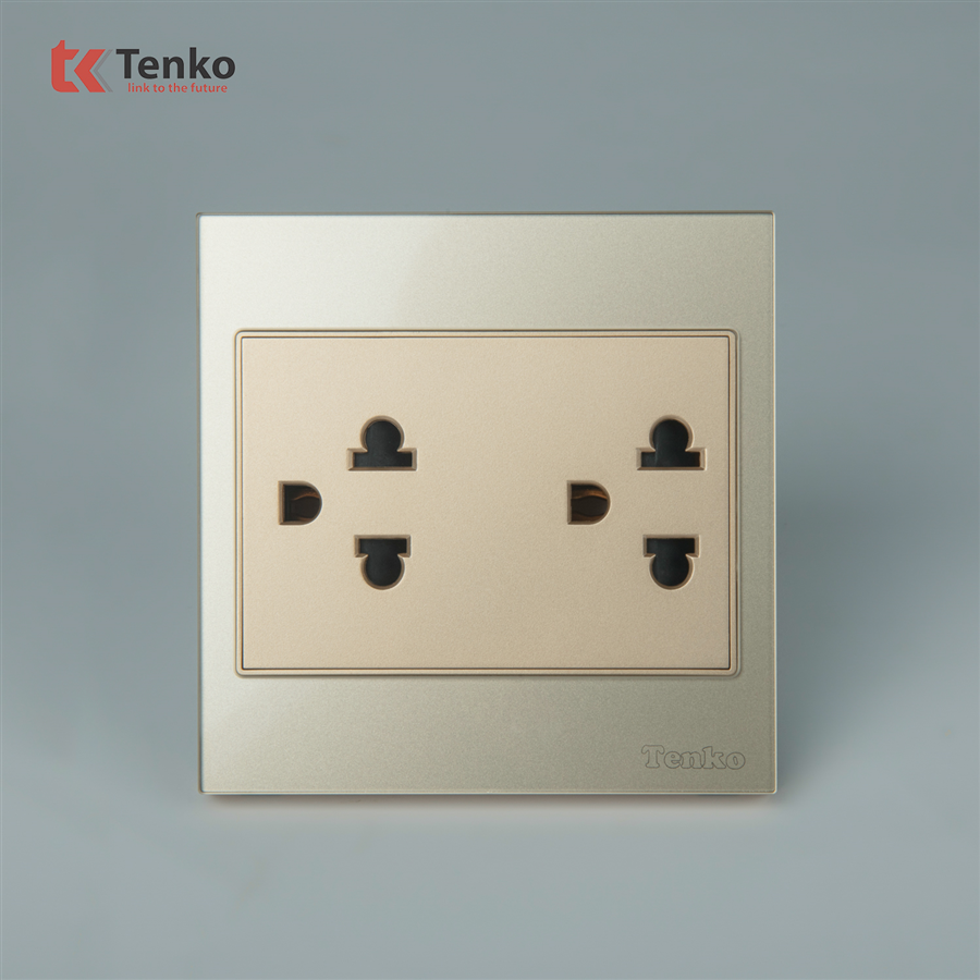 Ổ Cắm Đôi 3 Chấu Mặt Kính Cường LựcTK-V18-044 Vàng