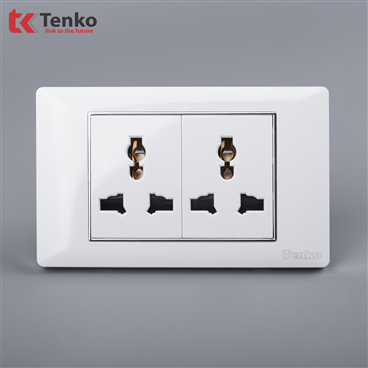 Ổ Cắm Đôi 3 Chấu Mặt Nhựa Trắng Viền Bạc C27-050