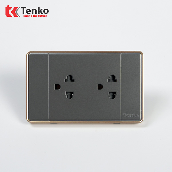 Ổ Cắm Đôi 3 Chấu Tràn Viền C1-044 Xám Viền Vàng