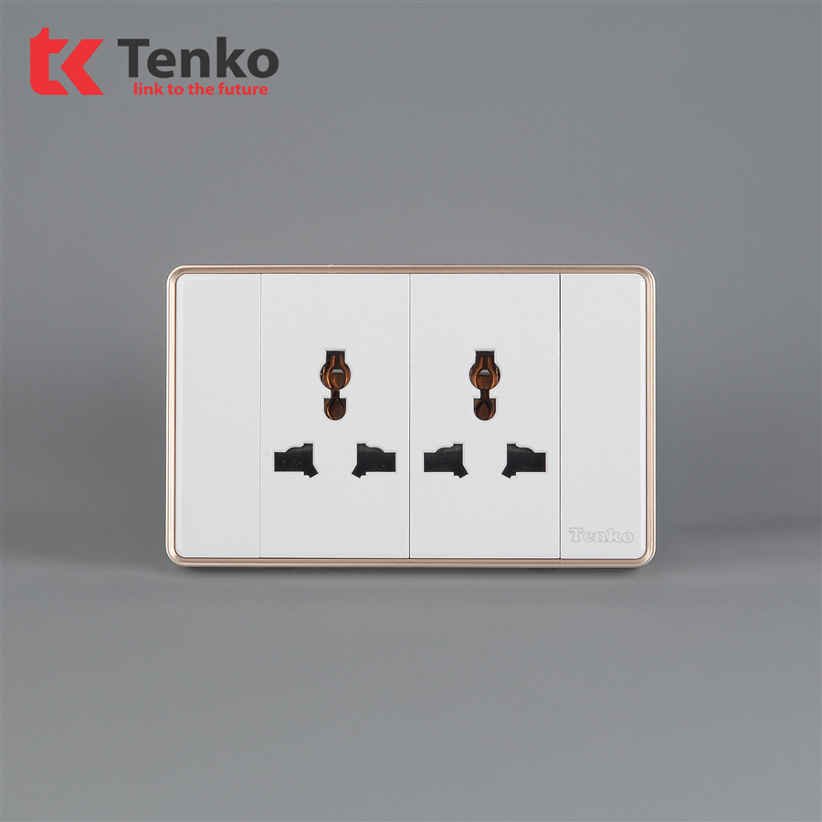 Ổ Cắm Đôi 3 Chấu Tràn Viền C1-050 Trắng Viền Vàng