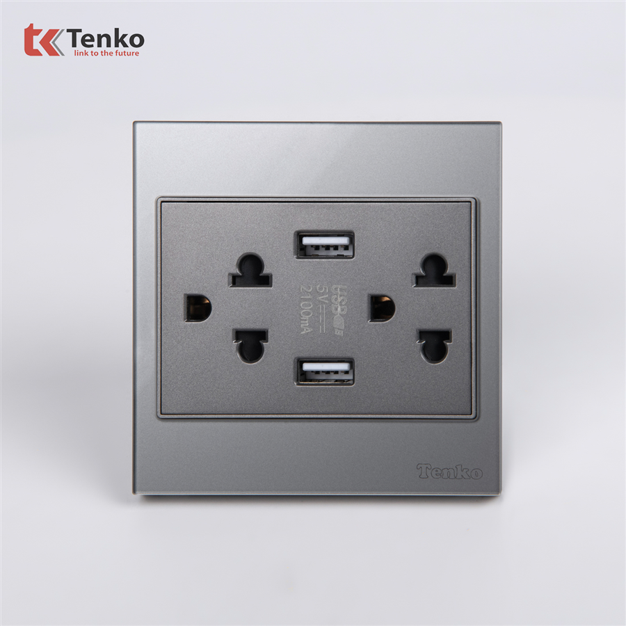 Ổ Cắm Đôi 3 Chấu+USB Kính Cường Lực TK-V18-04 Xám