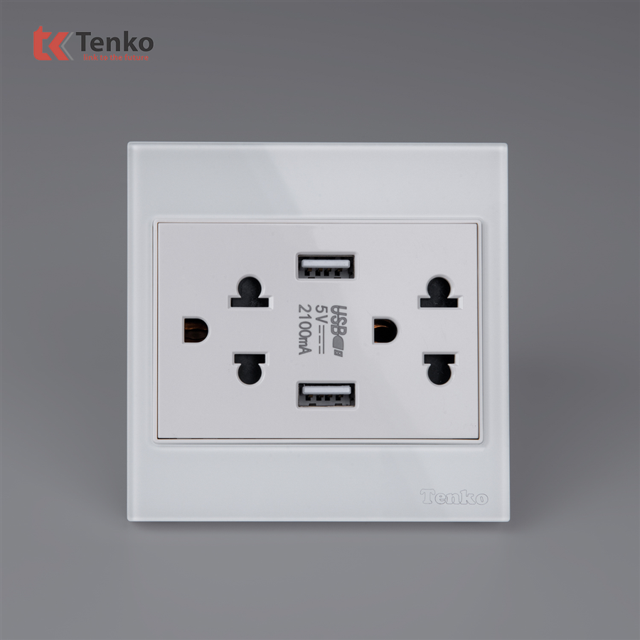 Ổ Cắm 3 Chấu+USB Kính Cường Lực TK-V18-046 Trắng