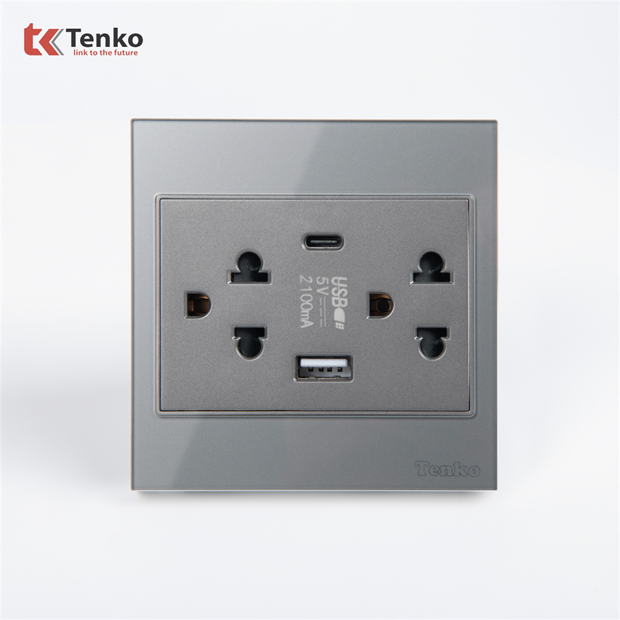 Ổ Cắm Đôi 3 Chấu + USB + Type C TK-V18-045 Xám