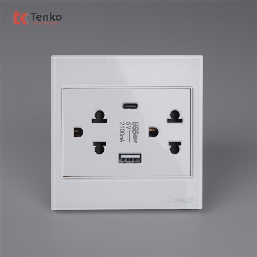 Ổ Cắm Đôi 3 Chấu + USB + Type C TK-V18-045 Trắng